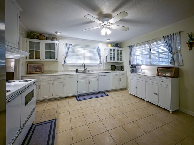 1447 Davis Ave, Tifton, GA 31794 - kitchen with white cabinets, a sink, light countertops, white appliances, and under cabinet range hood