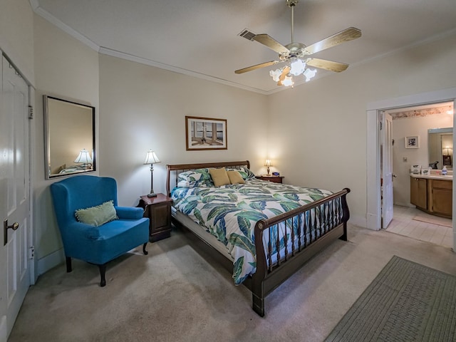 64 Palmetta Rd, Tifton, GA 31794 - bedroom featuring light carpet, ornamental molding, ensuite bath, and a ceiling fan