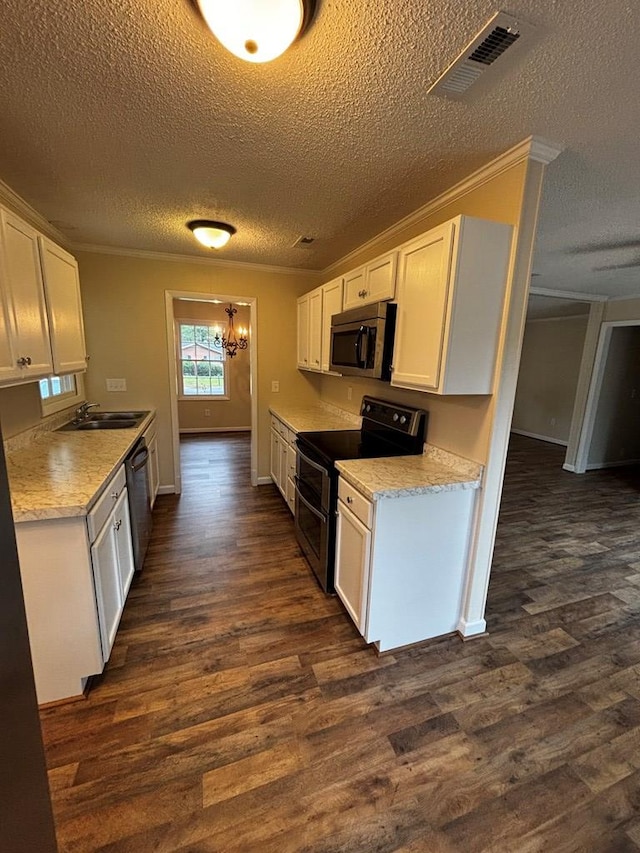 2019 N Central Ave, Tifton, GA 31794 - kitchen with stainless steel appliances, a textured ceiling, ornamental molding, dark wood-style flooring, and a chandelier