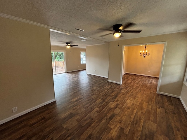2019 N Central Ave, Tifton, GA 31794 - spare room featuring dark wood-style floors, a textured ceiling, a chandelier, ornamental molding, and a ceiling fan