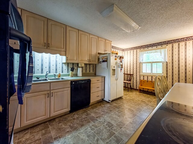 128 Airport Rd, Sylvester, GA 31791 - kitchen featuring black dishwasher, wallpapered walls, white refrigerator with ice dispenser, light brown cabinets, and fridge