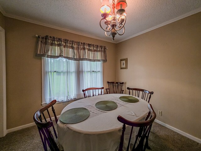 128 Airport Rd, Sylvester, GA 31791 - dining room featuring a chandelier, carpet flooring, ornamental molding, a textured ceiling, and baseboards