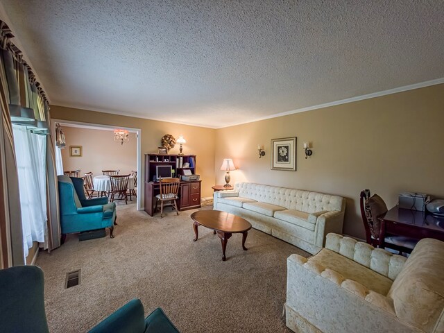 128 Airport Rd, Sylvester, GA 31791 - carpeted living area with a textured ceiling, a chandelier, and crown molding