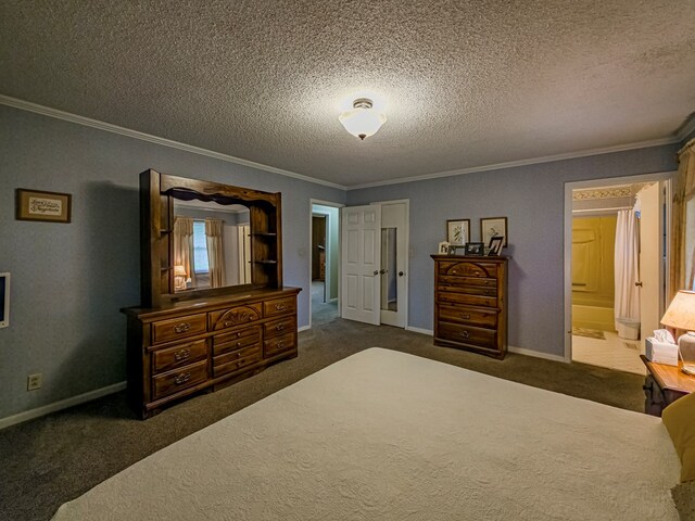128 Airport Rd, Sylvester, GA 31791 - bedroom featuring carpet flooring, ornamental molding, a textured ceiling, baseboards, and ensuite bathroom