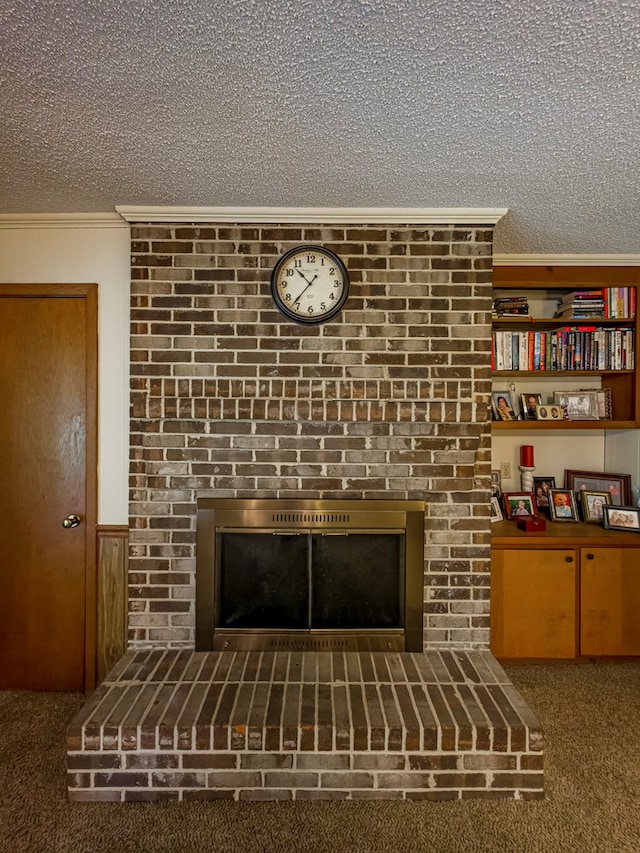 128 Airport Rd, Sylvester, GA 31791 - detailed view of a fireplace, crown molding, carpet, and a textured ceiling
