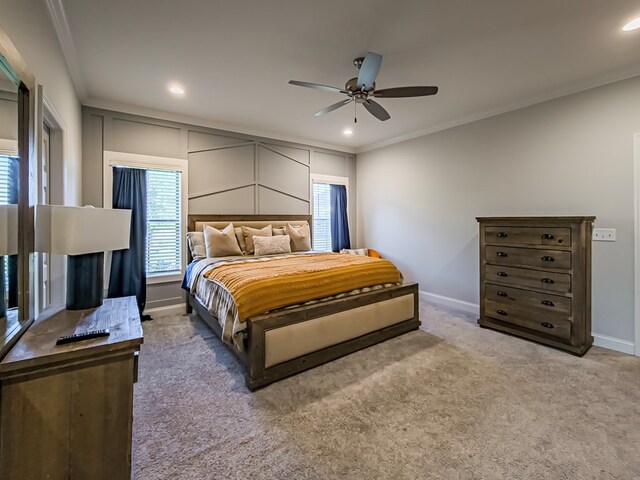 56 Willow Creek Dr, Tifton, GA 31793 - bedroom featuring ornamental molding, baseboards, recessed lighting, and light carpet