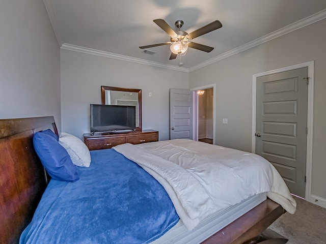 56 Willow Creek Dr, Tifton, GA 31793 - bedroom featuring visible vents, baseboards, ornamental molding, ceiling fan, and carpet floors