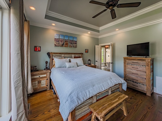 248 Gun Lake Loop, Tifton, GA 31794 - bedroom with a raised ceiling, dark wood-type flooring, crown molding, recessed lighting, and ceiling fan