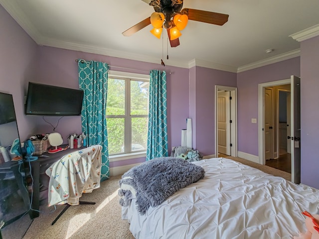 248 Gun Lake Loop, Tifton, GA 31794 - bedroom with carpet flooring, crown molding, and ceiling fan