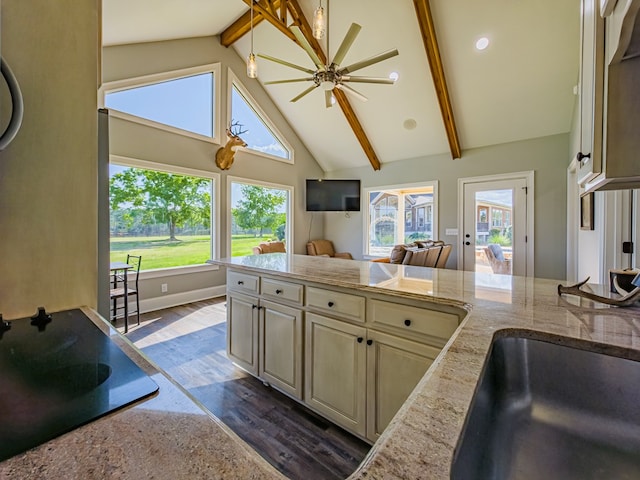 248 Gun Lake Loop, Tifton, GA 31794 - kitchen with beam ceiling, dark wood finished floors, high vaulted ceiling, light stone counters, and cream cabinets