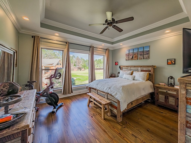 248 Gun Lake Loop, Tifton, GA 31794 - bedroom with a tray ceiling, ornamental molding, hardwood / wood-style flooring, ceiling fan, and recessed lighting
