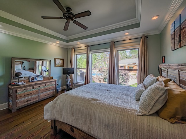 248 Gun Lake Loop, Tifton, GA 31794 - bedroom featuring a raised ceiling, wood finished floors, ornamental molding, access to outside, and recessed lighting