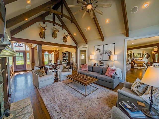 248 Gun Lake Loop, Tifton, GA 31794 - living area with a chandelier, hardwood / wood-style floors, beamed ceiling, a ceiling fan, and high vaulted ceiling