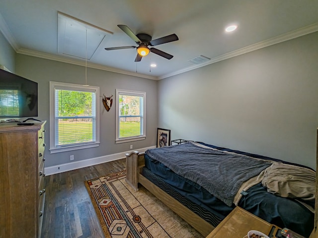 248 Gun Lake Loop, Tifton, GA 31794 - bedroom with attic access, dark wood-style floors, recessed lighting, ornamental molding, and a ceiling fan