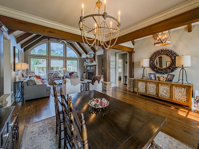 248 Gun Lake Loop, Tifton, GA 31794 - dining area with a chandelier, wood-type flooring, a fireplace, and ornamental molding