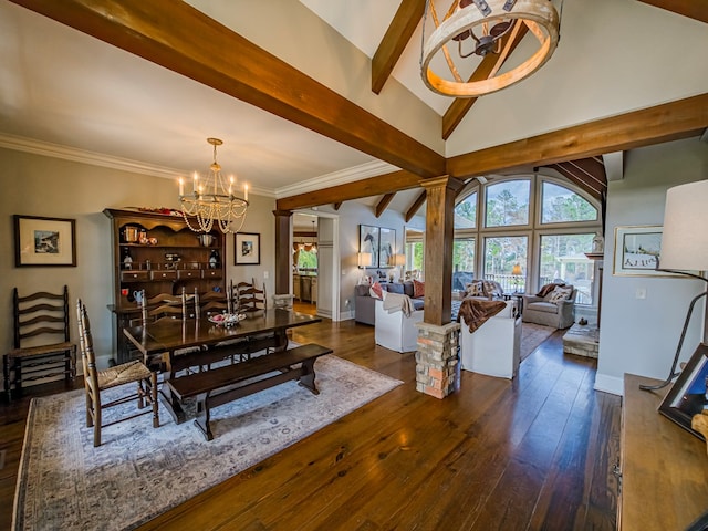 248 Gun Lake Loop, Tifton, GA 31794 - dining space with decorative columns, a chandelier, and dark wood-style flooring