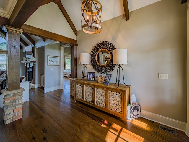 248 Gun Lake Loop, Tifton, GA 31794 - hallway with decorative columns, beam ceiling, healthy amount of natural light, wood finished floors, and high vaulted ceiling