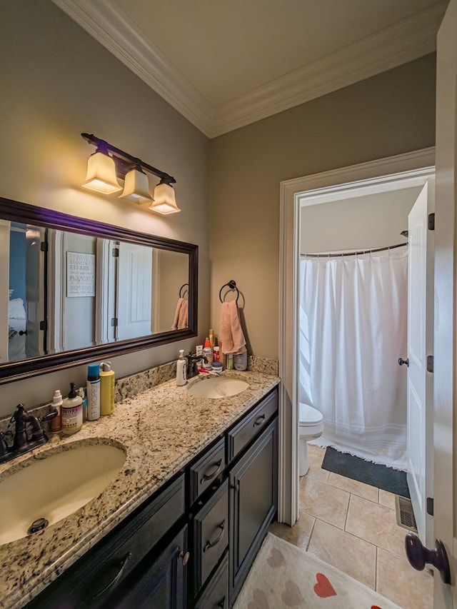 248 Gun Lake Loop, Tifton, GA 31794 - bathroom featuring crown molding, double vanity, tile patterned flooring, and a shower with shower curtain