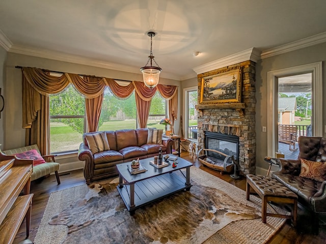 248 Gun Lake Loop, Tifton, GA 31794 - living area featuring wood-type flooring, ornamental molding, plenty of natural light, and a stone fireplace