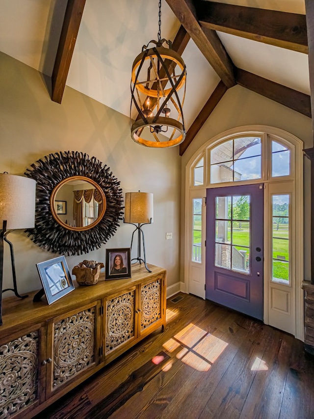 248 Gun Lake Loop, Tifton, GA 31794 - foyer entrance with beam ceiling, a chandelier, dark wood-style flooring, and high vaulted ceiling