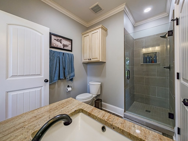 248 Gun Lake Loop, Tifton, GA 31794 - bathroom featuring a stall shower, crown molding, and vanity