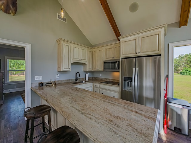 248 Gun Lake Loop, Tifton, GA 31794 - kitchen featuring appliances with stainless steel finishes, cream cabinetry, dark wood-type flooring, light stone countertops, and healthy amount of natural light