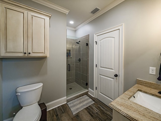 248 Gun Lake Loop, Tifton, GA 31794 - bathroom with crown molding, a stall shower, wood finished floors, vanity, and recessed lighting