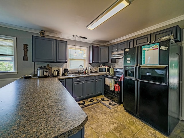 86 Owen Medford Rd, Lenox, GA 31637 - kitchen featuring a sink, dark countertops, black appliances, backsplash, and ornamental molding