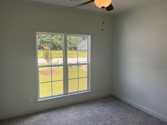 spare room featuring plenty of natural light, carpet flooring, ceiling fan, and crown molding