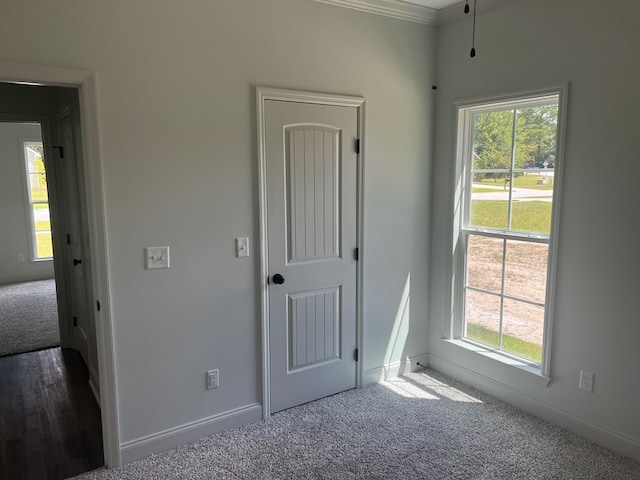 unfurnished bedroom featuring baseboards, crown molding, multiple windows, and carpet floors