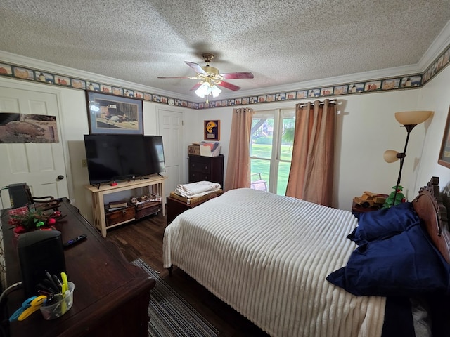 bedroom with dark wood-type flooring, a textured ceiling, ornamental molding, a ceiling fan, and access to outside