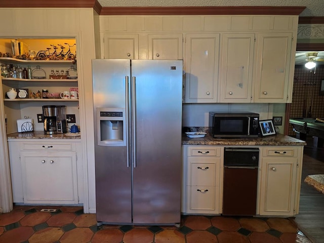 kitchen with appliances with stainless steel finishes, dark stone countertops, open shelves, and ceiling fan