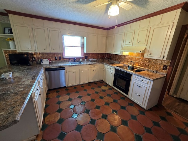 kitchen featuring black appliances, a sink, under cabinet range hood, tasteful backsplash, and a ceiling fan