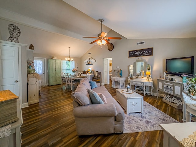 127 Carol Cir, Fitzgerald, GA 31750 - living area featuring ceiling fan, vaulted ceiling, a chandelier, and dark wood finished floors