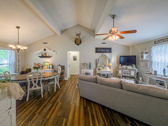 127 Carol Cir, Fitzgerald, GA 31750 - living room featuring a chandelier, vaulted ceiling, dark wood finished floors, and a ceiling fan
