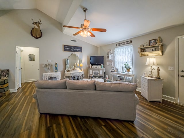 127 Carol Cir, Fitzgerald, GA 31750 - living area featuring lofted ceiling, a ceiling fan, and dark wood finished floors