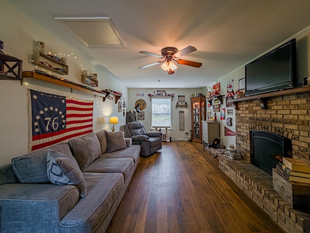 127 Carol Cir, Fitzgerald, GA 31750 - living room with a ceiling fan, wood-type flooring, a fireplace, and attic access