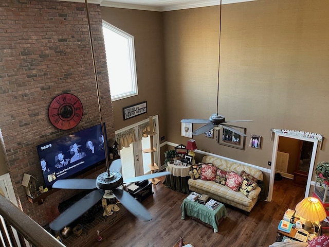 living room featuring a high ceiling, wood finished floors, ornamental molding, and ceiling fan