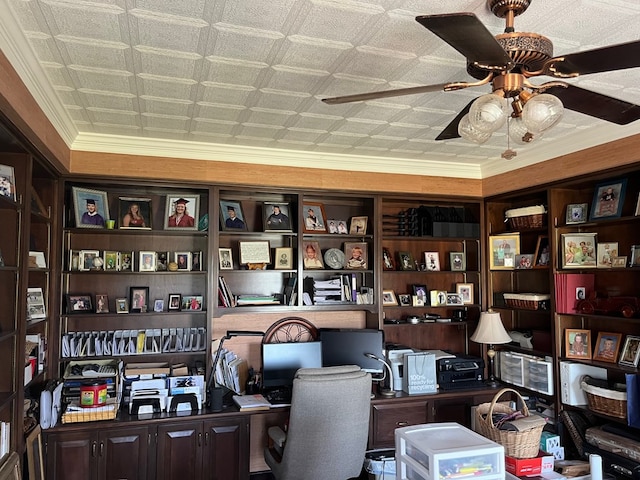 office featuring an ornate ceiling, ornamental molding, and ceiling fan