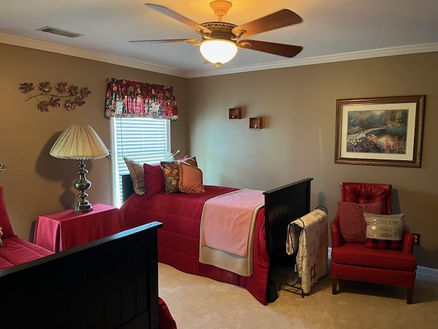 bedroom with crown molding, visible vents, and light colored carpet