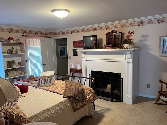 bedroom with a fireplace, baseboards, crown molding, and carpet floors