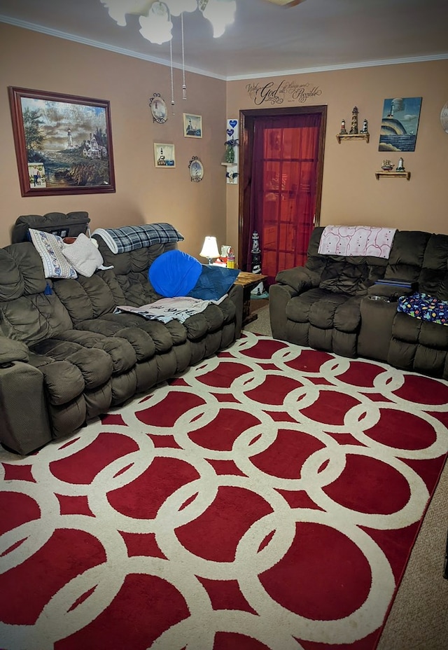 living room featuring carpet and ornamental molding