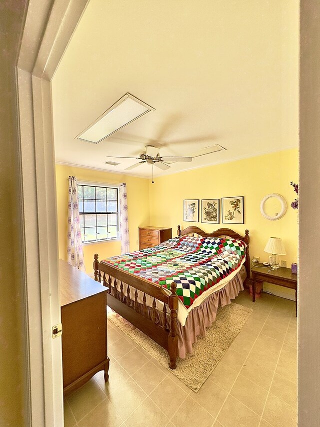 bedroom with ceiling fan and visible vents