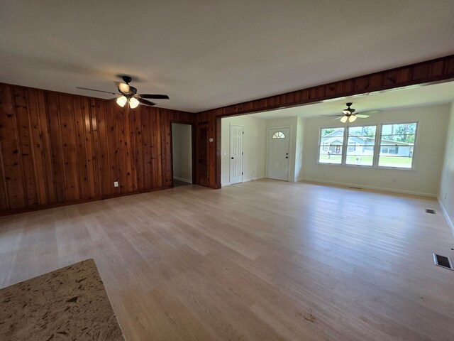 124 N Main St, Fitzgerald, GA 31750 - unfurnished living room featuring a ceiling fan, light wood-type flooring, and wooden walls