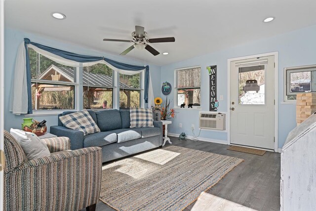 28 Bear Lovers Ct, Cleveland, GA 30528 - living room featuring a healthy amount of sunlight, a wall mounted air conditioner, ceiling fan, and wood finished floors