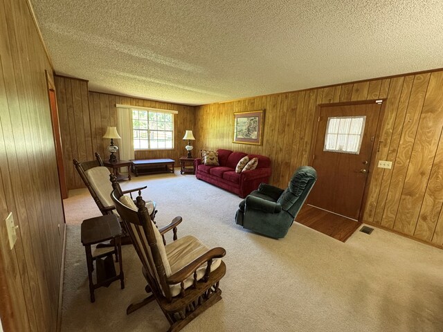 142 Elva Cir, Enigma, GA 31749 - living area with a textured ceiling, carpet flooring, and wooden walls