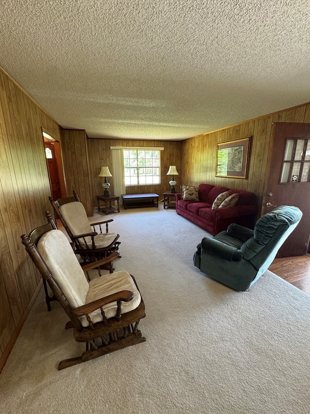 142 Elva Cir, Enigma, GA 31749 - carpeted living area featuring a textured ceiling and wooden walls