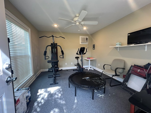 219 Cypress Ridge Rd, Tifton, GA 31794 - exercise area with ceiling fan, baseboards, a wall mounted AC, recessed lighting, and carpet