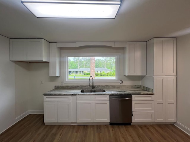 315 Newton Dr, Adel, GA 31620 - kitchen featuring a sink, stainless steel dishwasher, wood finished floors, white cabinetry, and baseboards