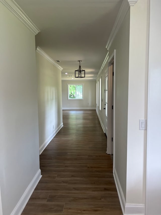 315 Newton Dr, Adel, GA 31620 - hall featuring crown molding, baseboards, dark wood-style floors, and a chandelier